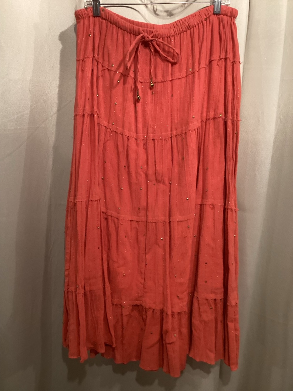 Women's Coral Tiered Maxi Skirt with Drawstring Waist and Distressed Seams